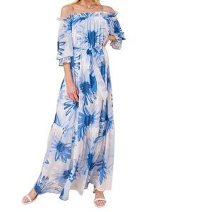 Flying Tomato Women’s Off Shoulder Blue Floral Maxi Tie Waist Dress Size Medium